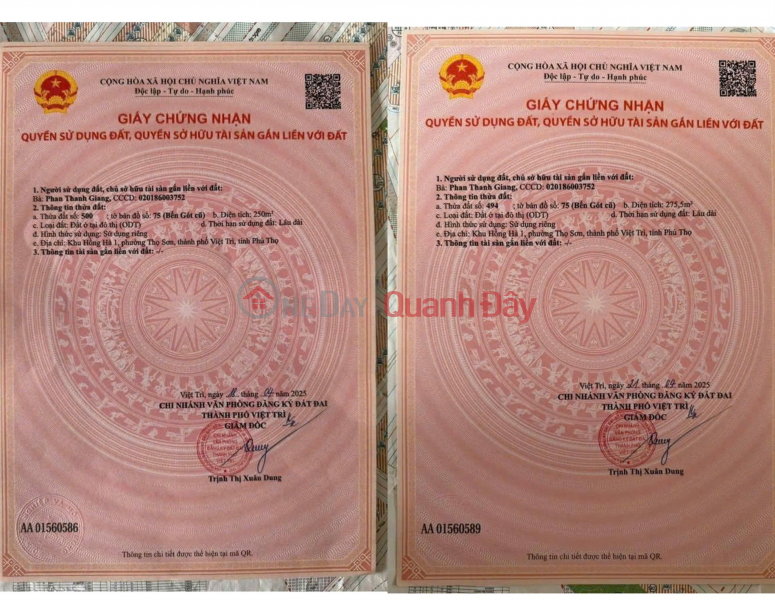 OWNER SELLING 2 SUPER VIP VILLA PLOTS - Hong Ha 1 Area, Tho Son Ward, Viet Tri City, Phu Tho Province Sales Listings