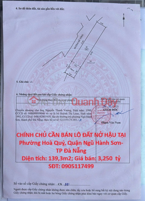 HOT HOT – CHÍNH CHỦ CẦN BÁN LÔ ĐẤT NỞ HẬU TẠI Phường Hoà Quý, Quận Ngũ Hành Sơn- TP Đà Nẵng _0