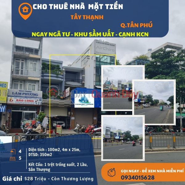 Cho thuê nhà Mặt Tiền Tây Thạnh 100m2, 2 Lầu+ST, 28Triệu - NGAY NGÃ TƯ Niêm yết cho thuê