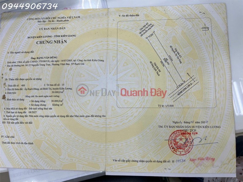 Cần tiền bán nhanh lô đất Xã Bình Trị, Kiên Lương, Kiên Giang, DT 30.000 m2, giá 1.6 tỷ Niêm yết bán