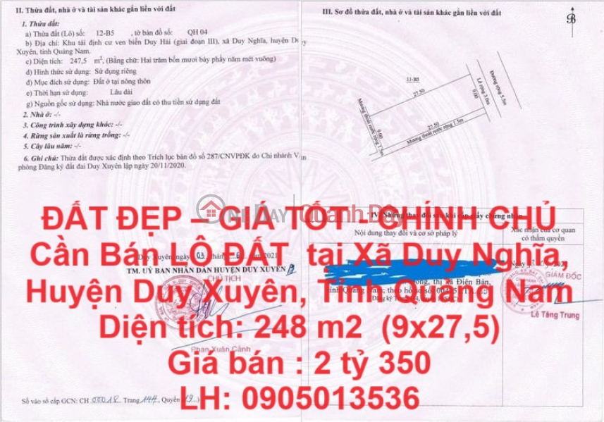 BEAUTIFUL LAND - GOOD PRICE - OWNER FOR SALE LAND LOT in Duy Nghia Commune, Duy Xuyen District, Quang Nam Province Sales Listings