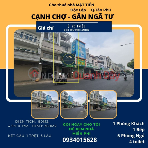 Cho thuê nhà Mặt Tiền Độc Lập 76m2, 3 Lầu, 25 triệu, cạnh Chợ _0