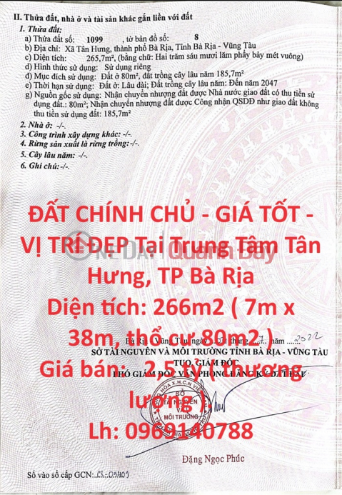 ĐẤT CHÍNH CHỦ - GIÁ TỐT - VỊ TRÍ ĐẸP Tại Trung Tâm Tân Hưng, TP Bà Rịa _0