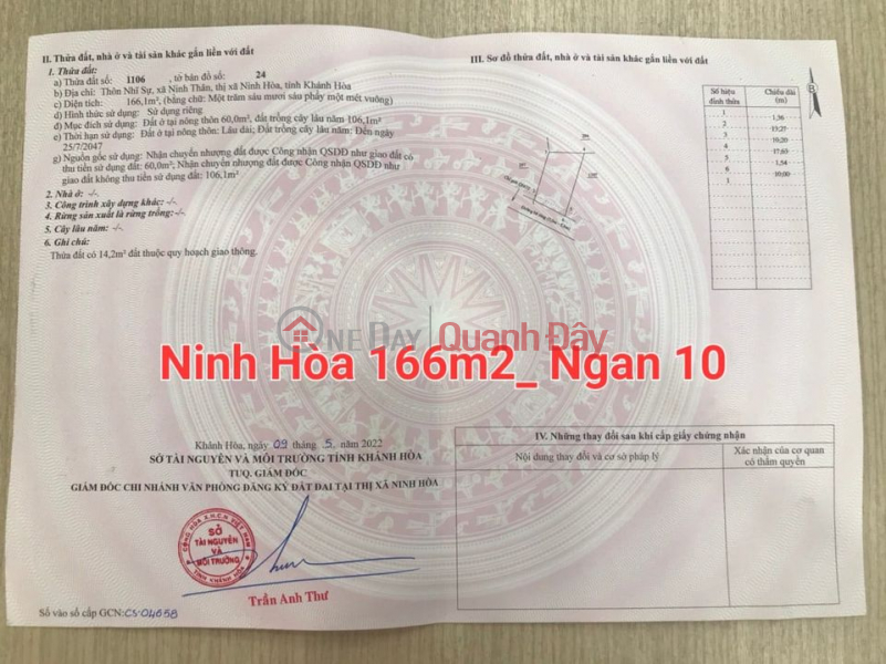 BÁN ĐẤT NINH THÂN-NINH HÒA DT 166 M2 CHÓ SẴN 60M2 THỔ CƯ GIÁ CHỈ 550TR Niêm yết bán