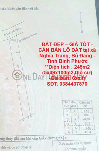 ĐẤT ĐẸP – GIÁ TỐT - CẦN BÁN LÔ ĐẤT tại xã Nghĩa Trung, Bù Đăng - Tỉnh Bình Phước Niêm yết bán