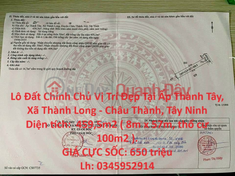 Land Lot by Owner, Beautiful Location, Thanh Tay Hamlet, Thanh Long - Chau Thanh Commune, Tay Ninh _0