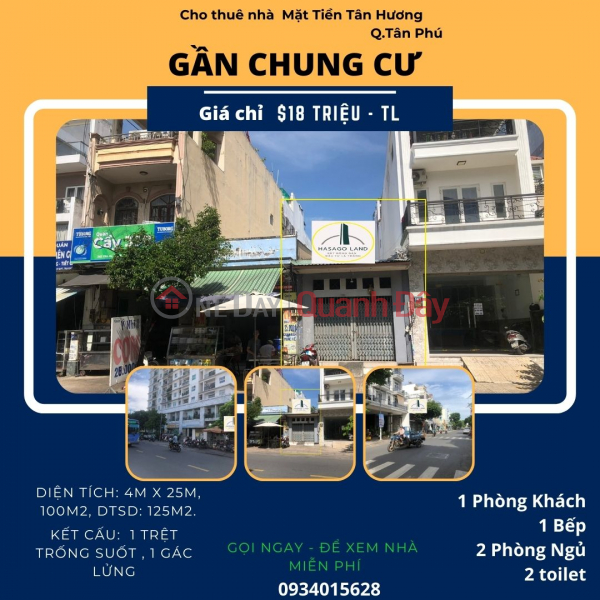 Tan Huong Front House for rent, 100m2, 18 million, near Apartment Rental Listings