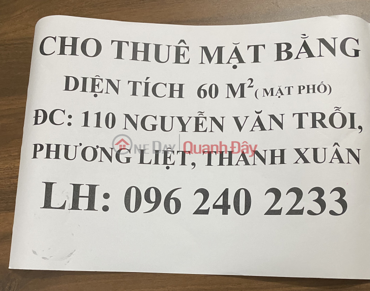 Chính chủ cho thuê nhà mặt phố Nguyễn Văn Trỗi, Thanh Xuân, DT 60m2 Giá 6 tr/th LH 0962402233 Niêm yết cho thuê
