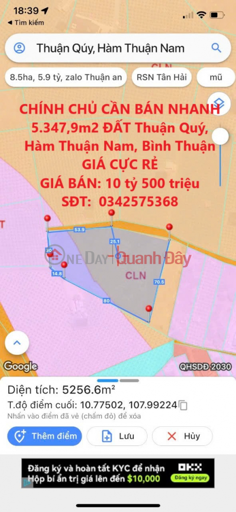 OWNER NEEDS TO QUICKLY SELL 5,347.9m2 OF LAND IN Thuan Quy, Ham Thuan Nam, Binh Thuan AT EXTREMELY CHEAP PRICE _0