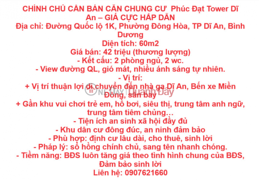 CHÍNH CHỦ CẦN BÁN CĂN CHUNG CƯ Phúc Đạt Tower Dĩ An – GIÁ CỰC HẤP DẪN Niêm yết bán