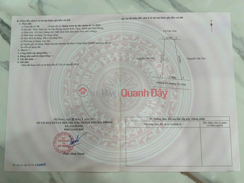 Property Search Vietnam | OneDay | Nhà ở Niêm yết bán BÁN LÔ ĐẤT ĐẸP TẠI THÁI LAI - KIẾN THỤY - NGÕ RỘNG Ô TÔ VÀO THOẢI MÁI