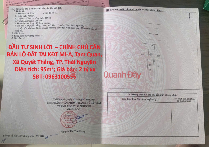 PROFITABLE INVESTMENT – OWNER NEEDS TO SELL LAND PLOT IN MI-A URBAN AREA, Tam Quan, Quyet Thang Commune, Thai Nguyen City Sales Listings