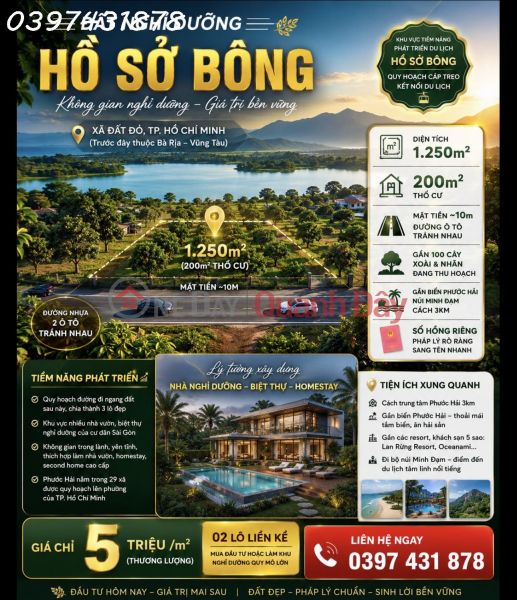 Land for sale in Ho So Bong resort area, Long My, Ba Ria Vung Tau, area 1250 m2, investment price. Sales Listings