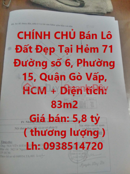 CHÍNH CHỦ Bán Lô Đất Đẹp Tại Hẻm 71 Đường số 6, Phường 15, Quận Gò Vấp, HCM Niêm yết bán