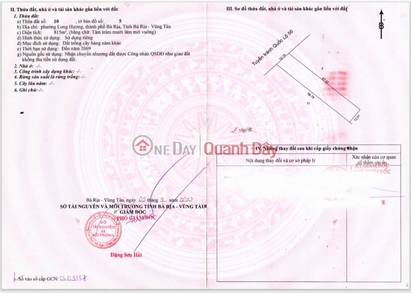 CHÍNH CHỦ BÁN LÔ ĐẤT MẶT TIỀN Tuyến tránh quốc lộ 56 phường Long Hương, BRVT Niêm yết bán
