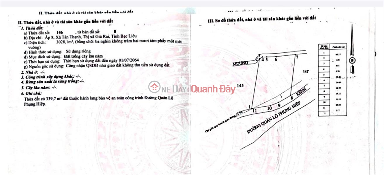 CHÍNH CHỦ CẦN BÁN NHANH Lô Đất Đẹp xã Tân Thạnh, TX Giá Rai, Tỉnh Bạc Liêu Niêm yết bán