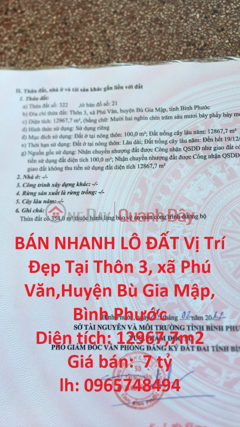 QUICK SELL LAND Plot Beautiful Location In Hamlet 3, Phu Van Commune, Bu Gia Map District, Binh Phuoc _0