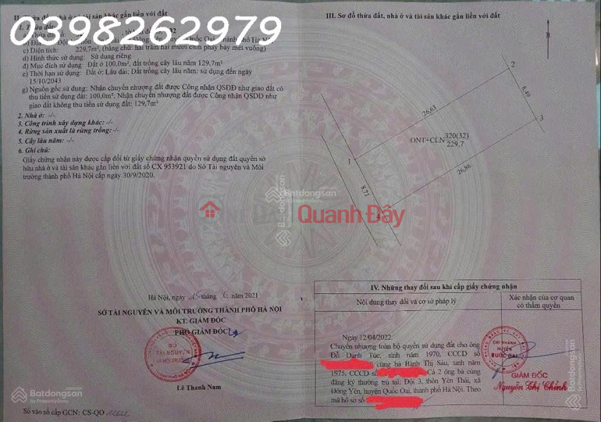 Bán đất chính chủ 229,7m2 có 100m2 thổ cư tại Thôn Yên Thái, Xã Đông Yên, Quốc Oai Niêm yết bán