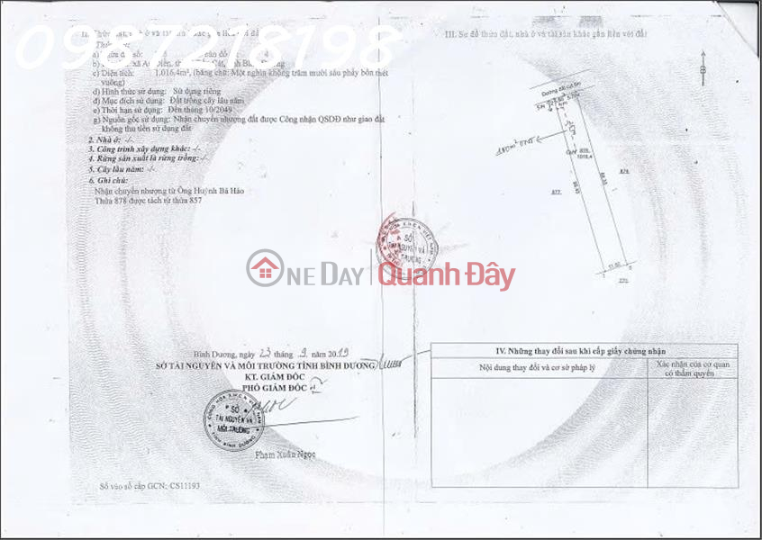 đ 3,9 tỷ | Bán đất chính chủ hơn 1000m2 tại An Điền, Bến Cát
