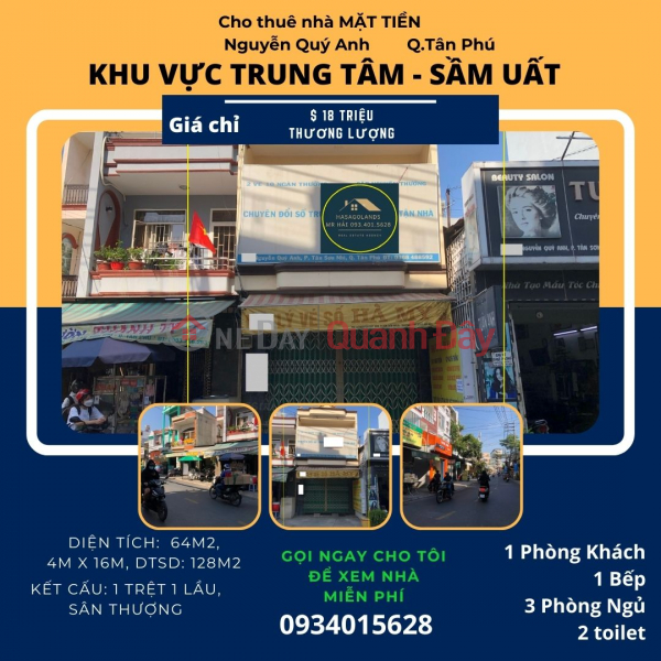 Cho thuê nhà Mặt Tiền Nguyễn Quý Anh 64m2, 1LẦU, 18 triệu Niêm yết cho thuê