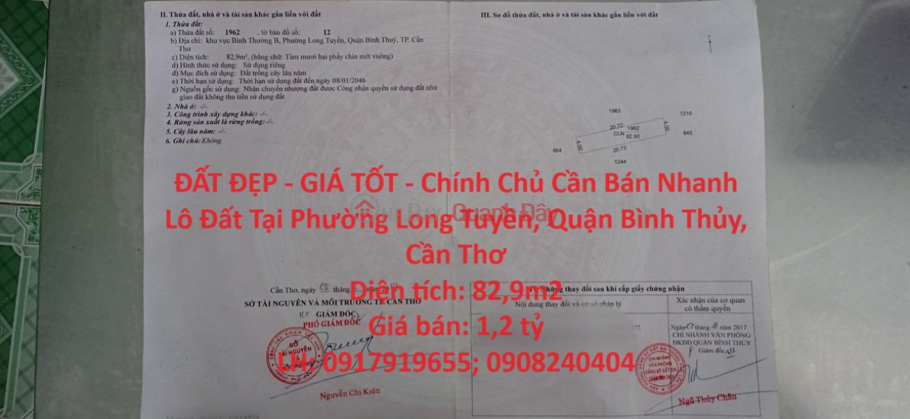 ĐẤT ĐẸP - GIÁ TỐT - Chính Chủ Cần Bán Nhanh Lô Đất Tại Phường Long Tuyền, Quận Bình Thủy, Cần Thơ Niêm yết bán