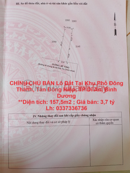 CHÍNH CHỦ BÁN Lô Đất Tại Khu Phố Đông Thành, Tân Đông Hiệp, TP Dĩ An, Bình Dương Niêm yết bán