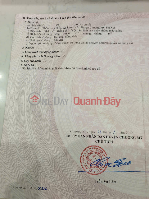 BÁN 108M2 LÔ GÓC 2 MẶT TIỀN.ĐƯỜNG OTO 2,5 TẤN ĐỖ CỬA.
- Dt : 108m2. Mt=Mh = 7,6
- Đ/c : Xã lam điền - _0