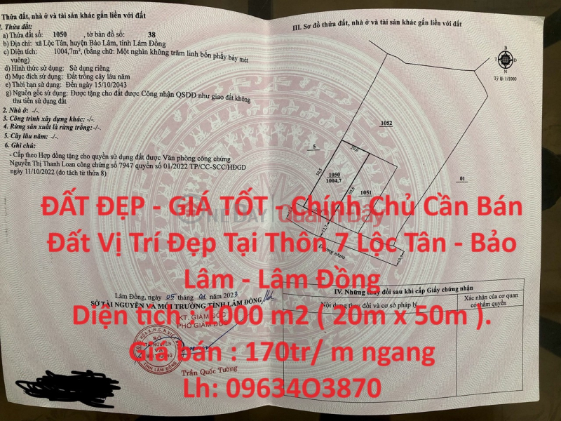 ĐẤT ĐẸP - GIÁ TỐT - Chính Chủ Cần Bán Đất Vị Trí Đẹp Tại Thôn 7 Lộc Tân - Bảo Lâm - Lâm Đồng Niêm yết bán