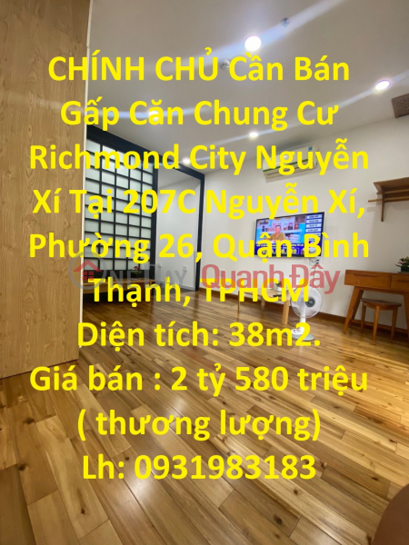 CHÍNH CHỦ Cần Bán Gấp Căn Chung Cư Richmond City Nguyễn Xí Tại Quận Bình Thạnh Niêm yết bán