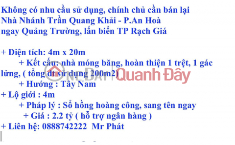 KHÔNG CÓ NHU CẦU SỬ DỤNG, Chính Chủ Cần Bán Nhà Nhánh Trần Quang Khải - P.An Hoà _0