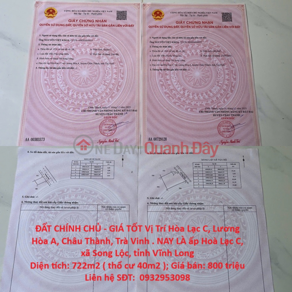 Land owned by the owner - good price. Location: Hoa Lac C, Luong Hoa A, Chau Thanh, Tra Vinh. Sales Listings