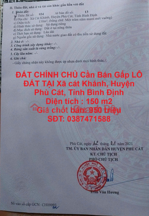 ĐẤT CHÍNH CHỦ Cần Bán Gấp LÔ ĐẤT TẠI Xã cát Khánh, Huyện Phù Cát, Tỉnh Bình Định _0