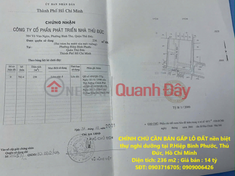 OWNER URGENTLY NEEDS TO SELL A LOT OF LAND FOR RESORT VILLA IN HIEP BINH PHUOC WARD, THU DUC, HO CHI MINH CITY _0