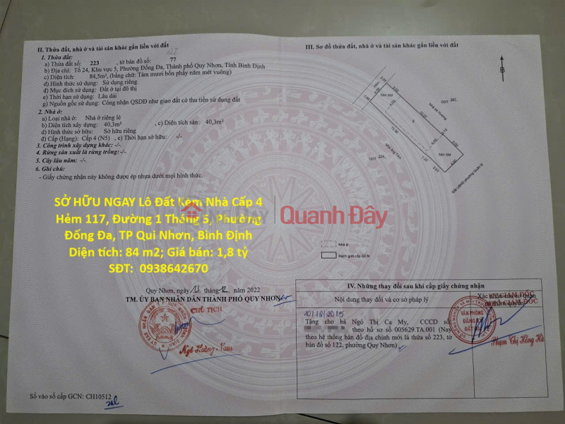 OWN NOW! Plot of land with a single-story house at Alley 117, 1st May Street, Dong Da Ward, Quy Nhon City, Binh Dinh Province. Sales Listings