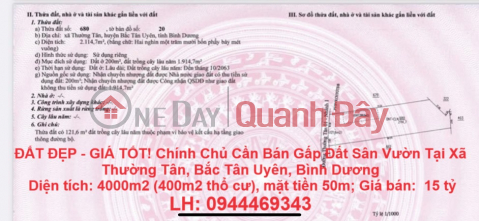 BEAUTIFUL LAND - GOOD PRICE! Owner Urgently Needs to Sell Garden Land in Thuong Tan Commune, Bac Tan Uyen, Binh Duong _0