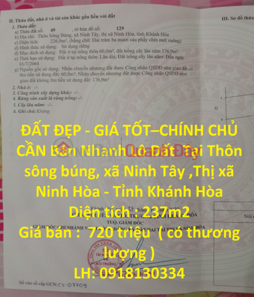 BEAUTIFUL LAND - GOOD PRICE – ORIGINAL NEED TO SELL Plot Land In Ninh Hoa Town - Khanh Hoa Province Sales Listings