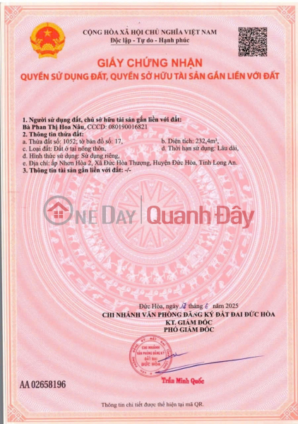 HOT ! HOT ! HOT ! OWNER NEEDS TO SELL LAND LOT IN Duc Hoa Thuong Commune, Duc Hoa District, Long An Province. Sales Listings