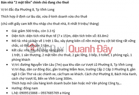 BÁN CĂN NHÀ 2 MẶT TIỀN CHÍNH CHỦ ĐANG CHO THUÊ Vị trí Đắc Địa Phường 8, Vĩnh Long _0