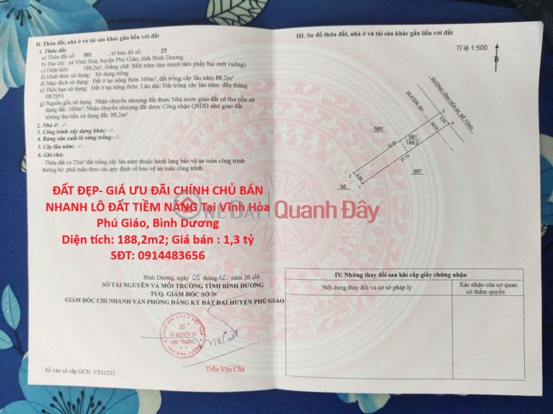 ĐẤT ĐẸP- GIÁ ƯU ĐÃI CHÍNH CHỦ BÁN NHANH LÔ ĐẤT TIỀM NĂNG Tại Vĩnh Hòa Phú Giáo, Bình Dương Niêm yết bán