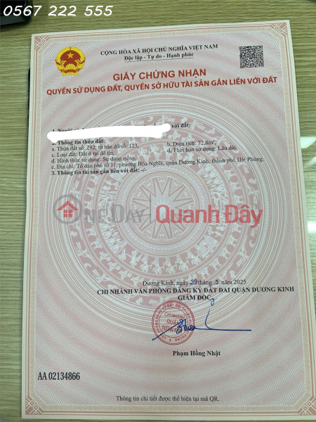 Property Search Vietnam | OneDay | Nhà ở Niêm yết bán Lô góc hiếm Tư Thủy – Hòa Nghĩa, đường nhựa 5m thông, giá chỉ 1.x tỷ ZALO 0567 222 555