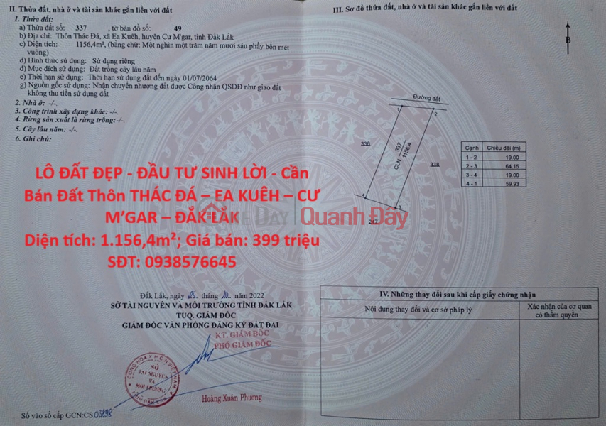 LÔ ĐẤT ĐẸP - ĐẦU TƯ SINH LỜI - Cần Bán Đất Thôn THÁC ĐÁ – EA KUÊH – CƯ M’GAR – ĐẮK LẮK Niêm yết bán
