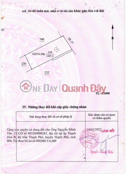 Land for sale with existing commercial space currently leased in Thanh Phu Town, Ben Tre Province, area 1,587m2. Sales Listings