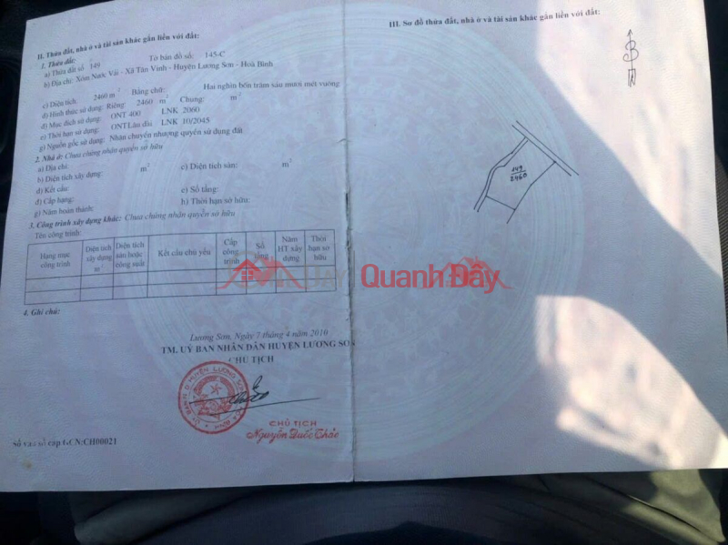 OWNER SELLS LOT OF LAND 2460M2 IN LUONG SON-HOA BINH, Vietnam Sales đ 12 Billion