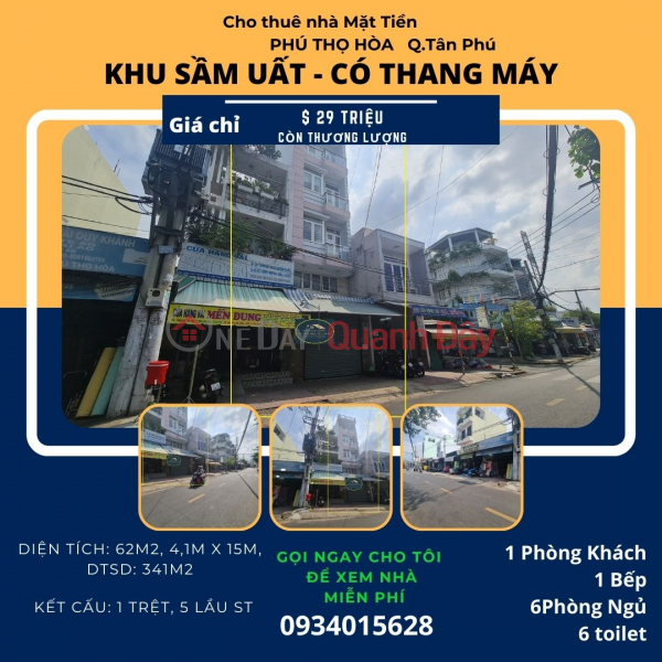 Cho thuê nhà mặt tiền Phú Thọ Hòa 62m2, 5Lầu+ST, 29Triệu - CÓ THANG MÁY Niêm yết cho thuê