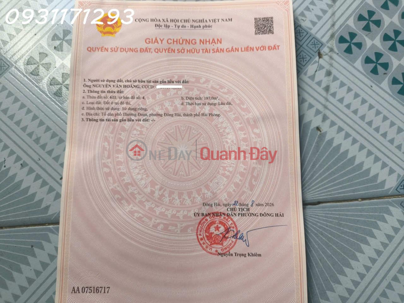 Property Search Vietnam | OneDay | Nhà ở | Niêm yết bán Bán lô đất siêu đẹp tại Đông Hải, TP. Hải Phòng, DT 197m2, giá đầu tư