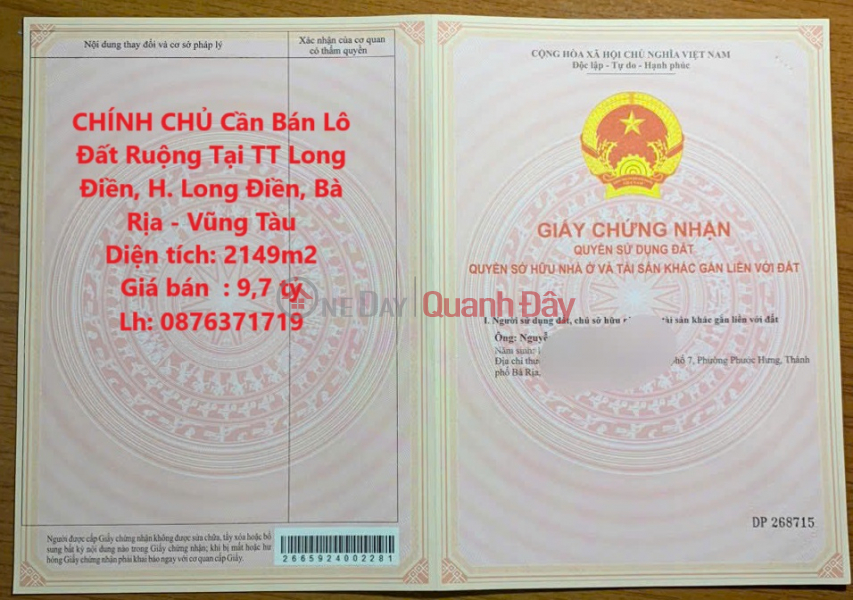 CHÍNH CHỦ Cần Bán Lô Đất Ruộng Tại TT Long Điền, H. Long Điền, Bà Rịa - Vũng Tàu Niêm yết bán