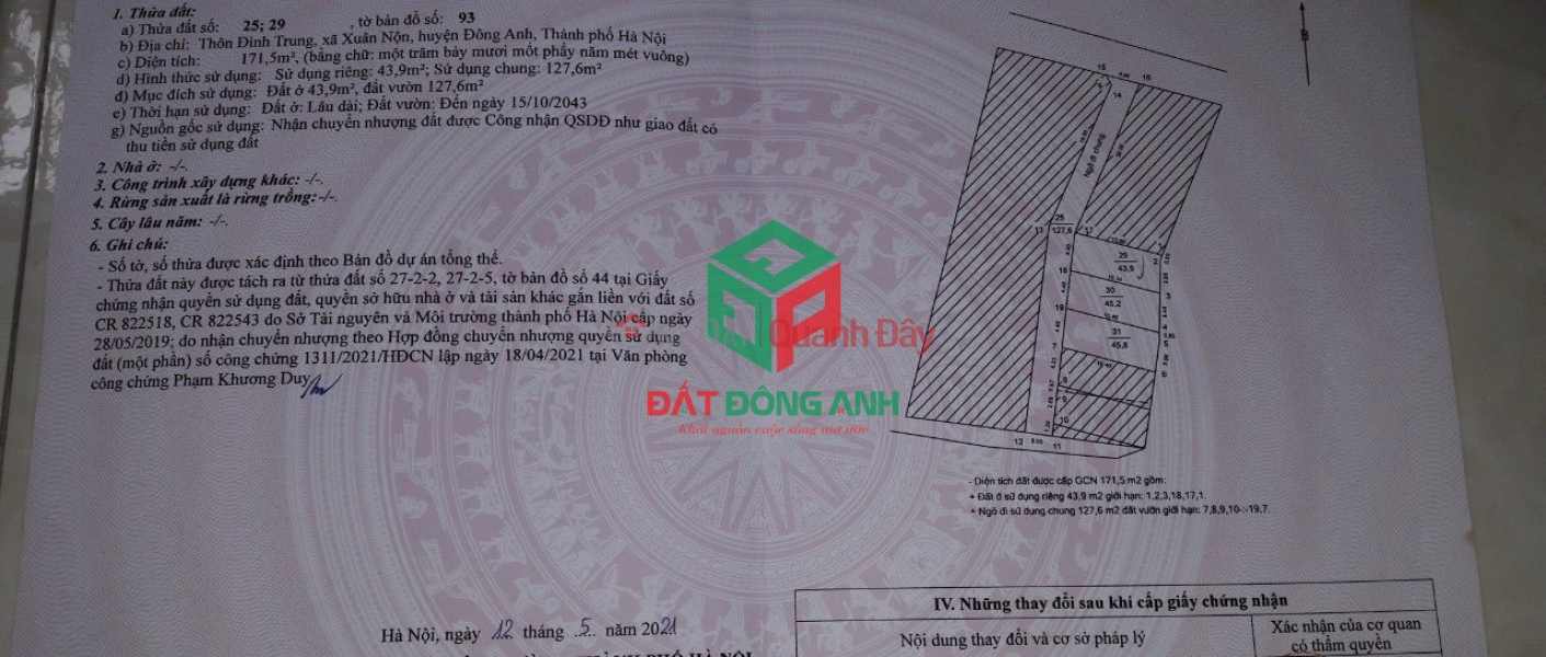 đ 1,04 tỷ Bán 43.9m2 đất Đình Trung Xuân Nộn - Đường 3m - Nhỉnh tỷ