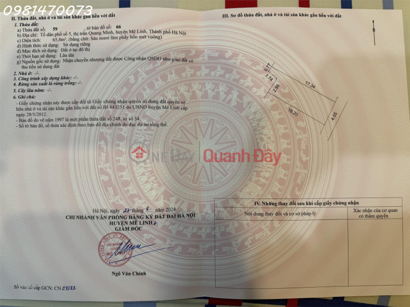 Property Search Vietnam | OneDay | Nhà ở | Niêm yết bán | Bán đất tại Tổ dân phố số 5, Quang Minh, DT 147,9m2, view đẹp, giá siêu hời 70 triệu/m2