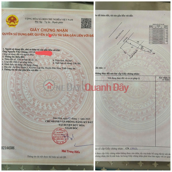 đ 3.65 Billion, Owner Sells 84.3m2 of Land Fronting National Highway N2 in Duc Lap Ha Commune, Duc Hoa, Long An