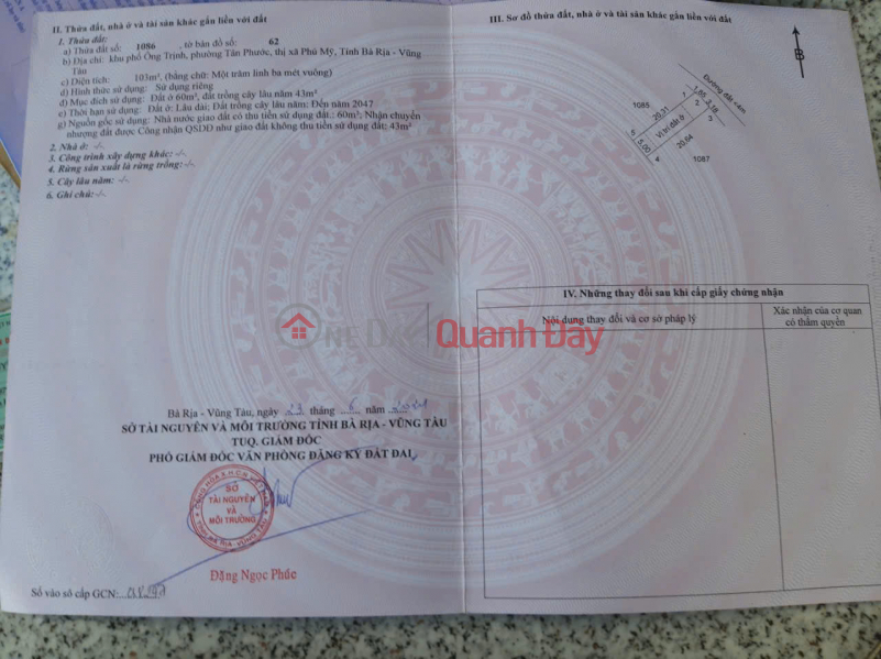 đ 1,2 tỷ | Chính chủ cần bán lô đất đẹp – Giá tốt tại khu phố Ông Trịnh, phường Tân Phước, thị xã Phú Mỹ, TP.HCM